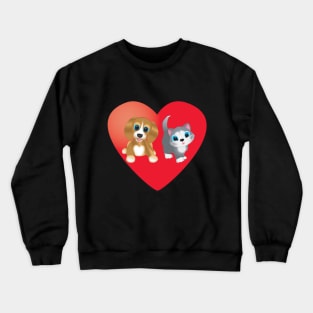 Dog and Cat on Heart Crewneck Sweatshirt